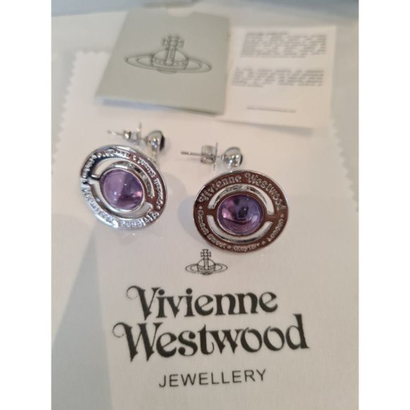 Vivienne Westwood 3D silver tone Purple Orb drop Earrings New with Box - Picture 8 of 12